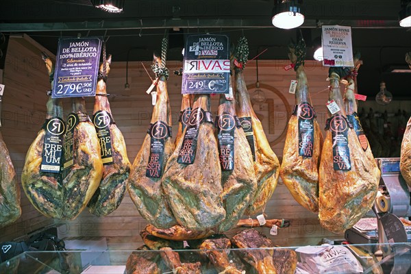 Iberico ham for sale at the Mercado Central, Salamanca, province of Salamanca, Castile and Leon,