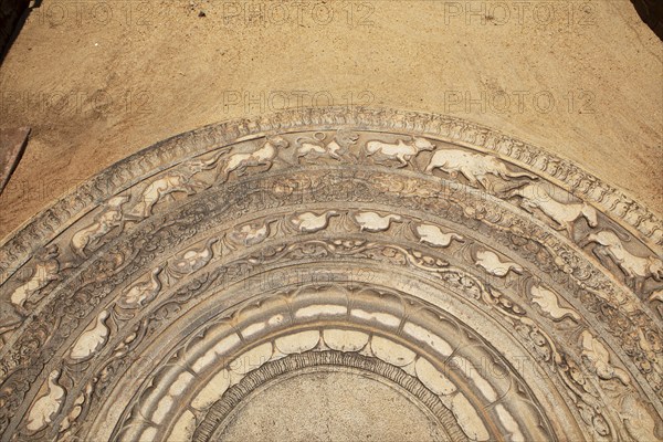 Ancient moonstone in the holy city of Anuradhapura, North Central Province, Sri Lanka, Asia