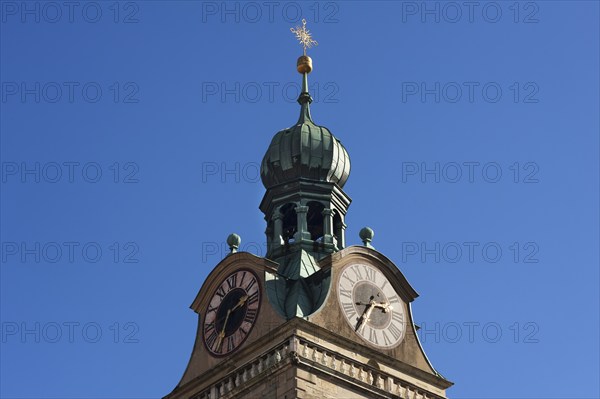 Clock tower of St Emmeram's Basilica against blue sky, Regenburg, Upper Palatinate, Bavaria,