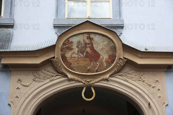 Old historical portrait above an entrance in the Lesser Town district of Prague, Prague, Czech