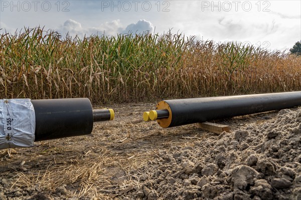 Laying of district heating pipes, next to a field, with maize, the district heating comes from a