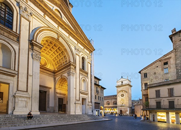 Night-time view of Basilica of Sant'Andrea and Torre Dell'Orologio, Mantua, Mantova, Italy, Europe
