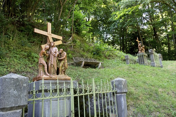 Orcival in Auvergne Volcanoes Regional Natural Park, Statues of Christ's Way of the Cross. Puy de