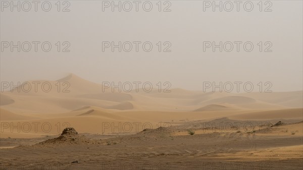 Sandstorm in the desert, dunes, Erg Chebbi, Sahara, Merzouga, Morocco, Africa