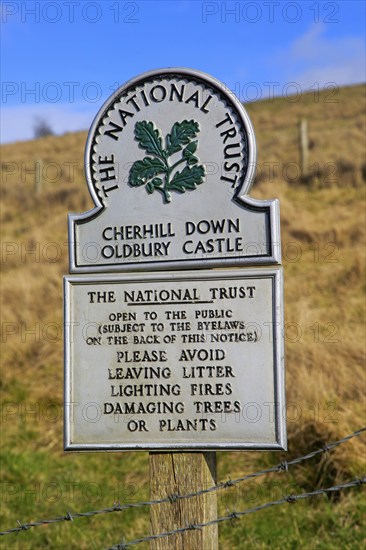 Cherhill Down Oldbury castle, National Trust sign, North Wessex Downs, Wiltshire, England, UK