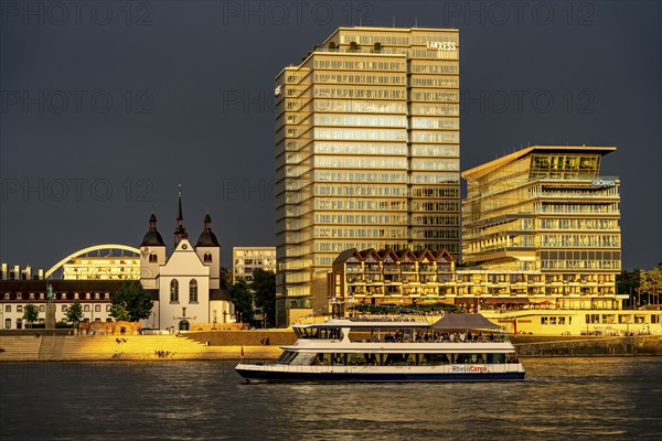 Kennedyufer in Cologne Deutz, on the Rhine, Old St Heribert Church, Lanxess Tower, administration