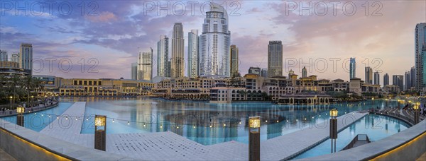 UAE, Dubai panoramic view of city downtown, Dubai Mall and Dubai Fountain
