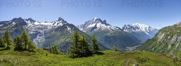 Mountain panorama with glaciated mountain peaks, Aiguille Verte with Aiguille du Midi and Mont