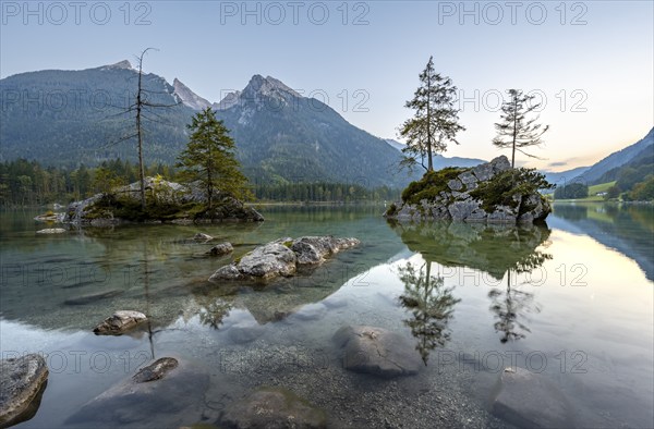 Hochkalter reflected in Hintersee, at sunset, Berchtesgaden National Park, Ramsau, Upper Bavaria,