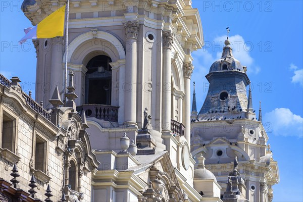 Lima, Peru, Archbishop Palace on colonial Central plaza Mayor or Plaza de Armas in historic center,