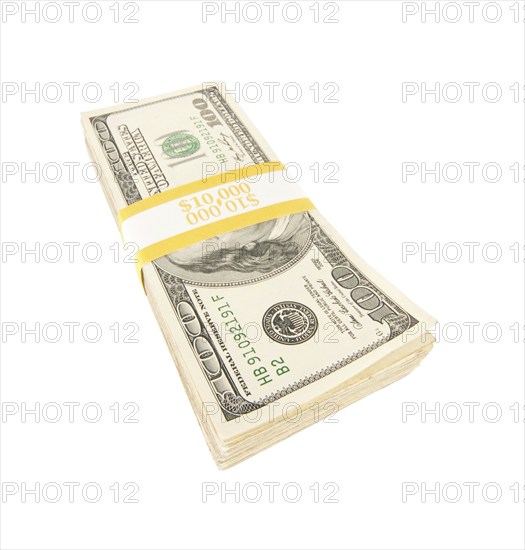 Stack of ten thousand dollars worth of one hundred dollar bills isolated on white background