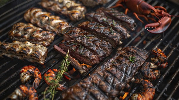 Several beef steaks, lobster and shrimp sizzling on the BBQ. generative AI, AI generated
