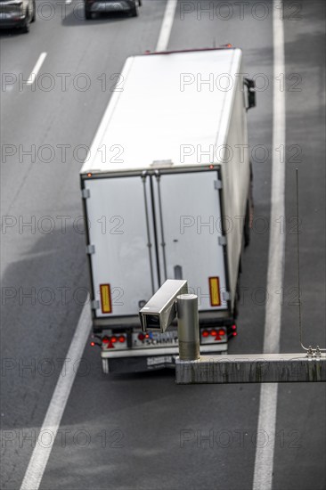 Traffic camera on the A3 motorway, traffic on 8 lanes, monitoring traffic on the temporarily open