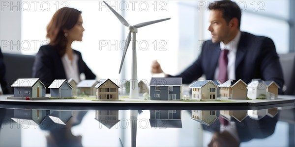 Business professionals engaged with a scale model of a wind turbine adjacent to miniature houses,