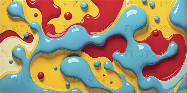 Abstract image with vibrant blue and red blobs and liquid shapes on a yellow background, AI