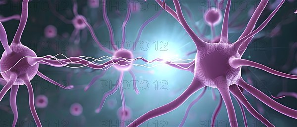 Visualization of neurons firing neurotransmitters in the synaptic gap, AI generated
