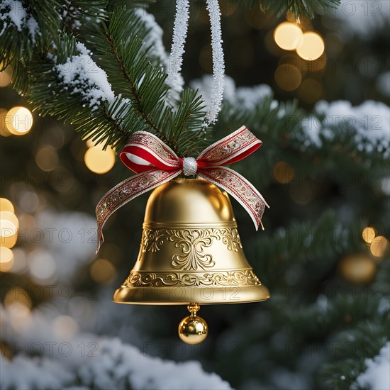 Vintage Christmas bell ornament hanging on a snow-dusted evergreen branch, capturing the intricate