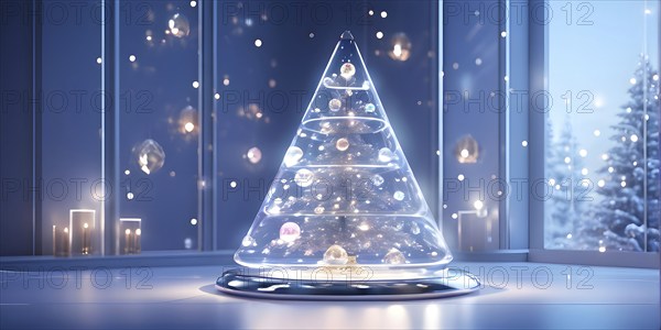 A three dimensional rendering of a futuristic Christmas tree made of glowing, semi-transparent