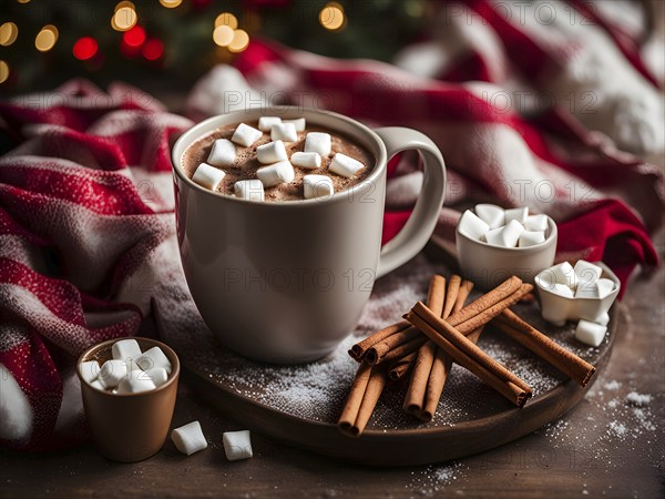 A close-up of a steaming cup of hot cocoa topped with marshmallows, surrounded by cinnamon sticks,