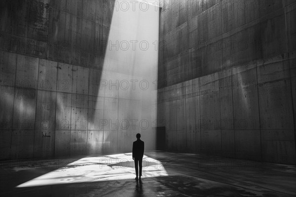 Silhouette of a man standing in a dreary hall, sunlight shining down through a gap, symbolising