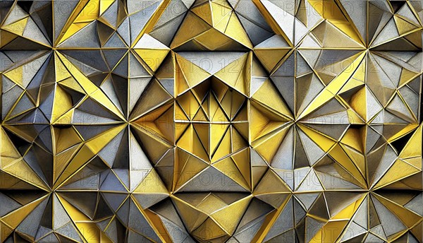 Art object, artistic digital design art, golden and silver triangles in shiny metal look in 3D, AI