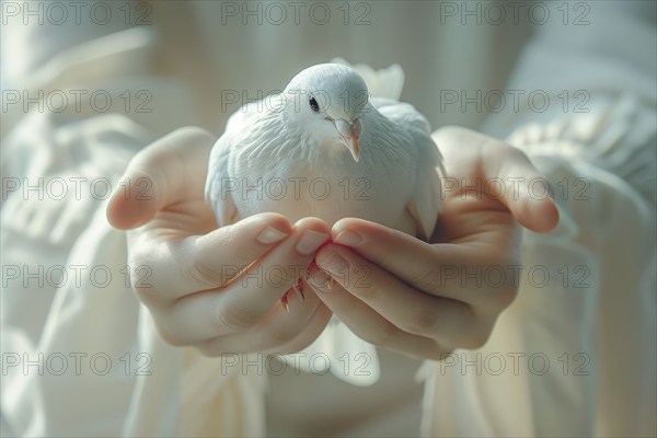 Close-up of a child's hands, with a white dove, dove of peace, AI generated, AI generated, AI