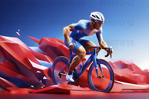 Cycling athlete abstracted into fluid shapes that capture elegance and strength, colors in french