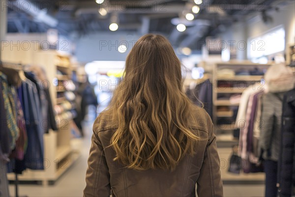 Back view of young woman in clothing store. KI generiert, generiert, AI generated