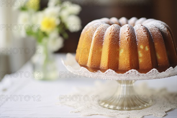 Round pund cake with sugar on cake stand. KI generiert, generiert AI generated