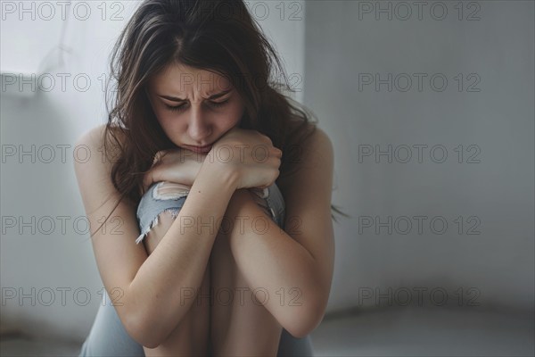 Sad young woman hugging her knees in domestic room. KI generiert, generiert AI generated