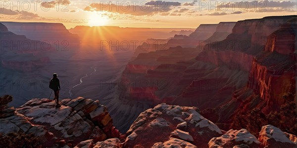 Sunrise over grand canyon in vibrant colors casting light on overhanging rock formations, AI