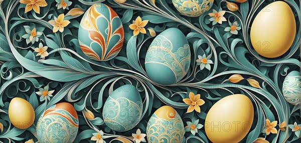 A whimsical abstract pattern with intertwined ribbons, eggs, and floral motifs, with a mix of sharp