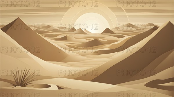 Abstract desert scene with triangular sand dunes and a single circular sun, using sharp lines and
