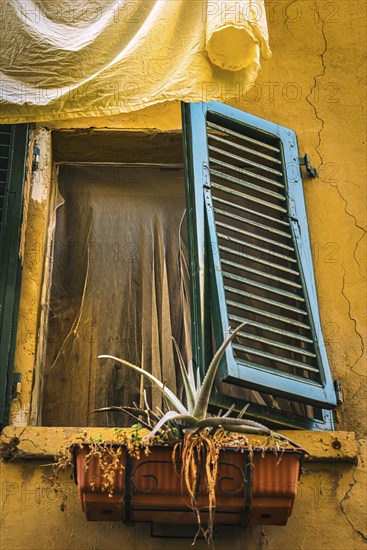 Dilapidated unkempt open window, dilapidated, building, property, crisis, facade, withered, Italy,