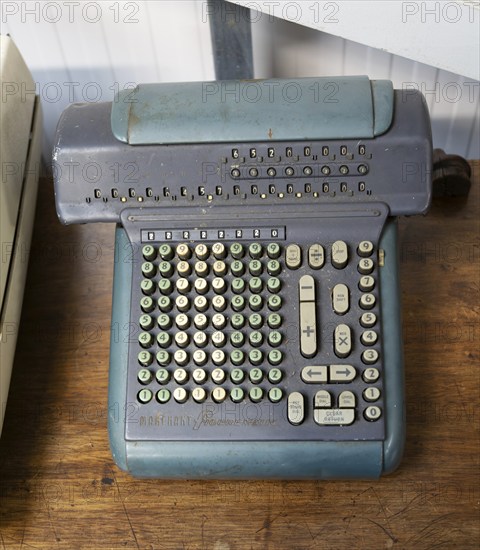 Vintage Marchant Figurematic mechanical calculator adding machine on display at auction, UK