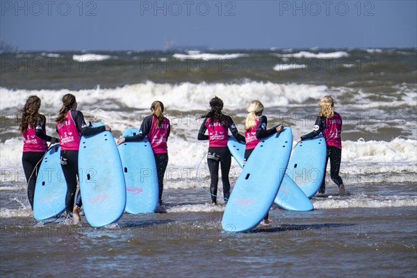 Course for surfers, surfing beginners, on the beach of Scheveningen, Netherlands