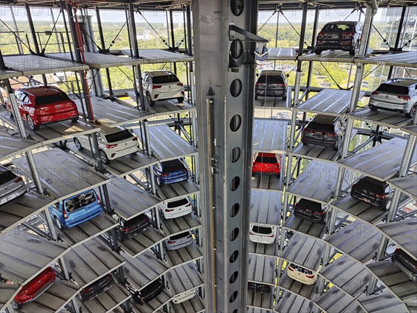 New cars for delivery in the Autoturm, interior view from top to bottom, Autostadt, Volkswagen AG,