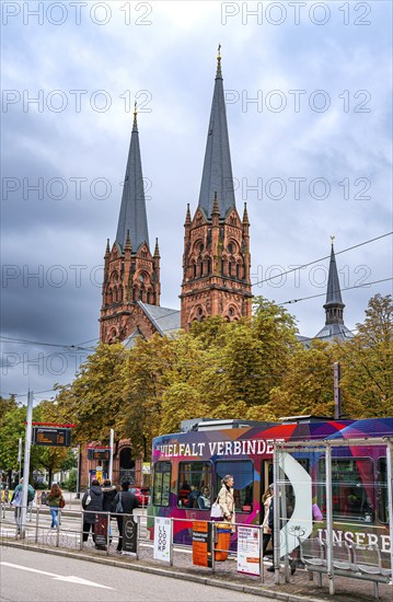 St John's Church, tram, City of Freiburg, Breisgau, Germany, Europe