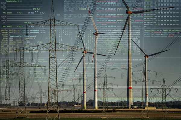 Symbolic image of critical infrastructure, blackout risk, cyberterrorism, wind farm near Bad