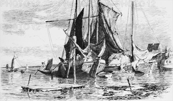 Ewer on the Elbe, flat-bottomed ship, shallow water, two-master, harbour, raft, Germany, historical
