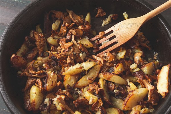 Fried chanterelles with mushrooms, in a clay pan, close-up, top view, selective focus