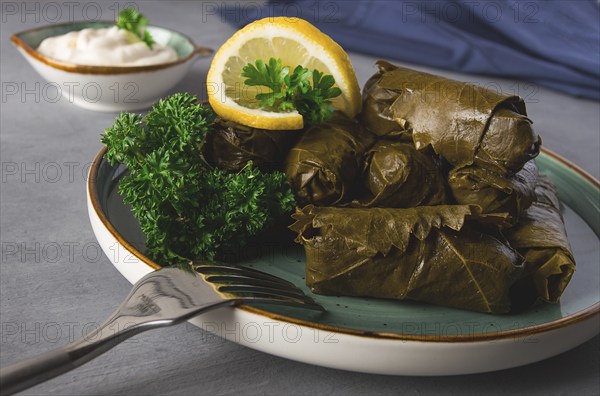 Dolma, cabbage rolls, grape leaves with filling, white sauce, lemon and herbs, rustic, selective