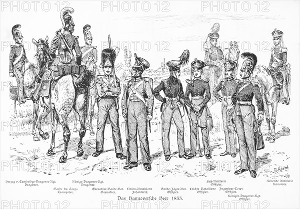 Historical illustration of uniforms around 1833, Hanoverian army, soldiers and officers with