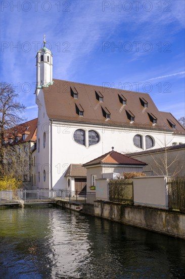 St Ursula am Schwallech, city canal, Augsburg, Swabia, Bavaria, Germany, Europe