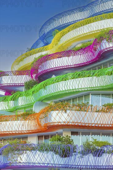 Modern apartment building with colourful balcony decorations, Eivissa, Ibiza Town, Ibiza, Balearic