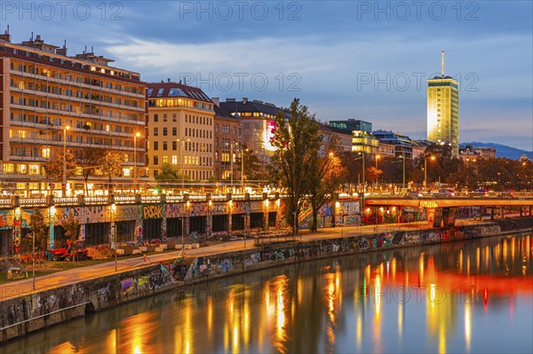Illuminated Franz-Josefs Quay on the Danube Canal, evening mood, Vienna Austria
