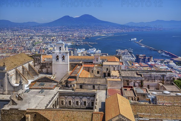 Panorama of city, harbour and sea with the monastery of San Martino and Mount Vesuvius 1281m,