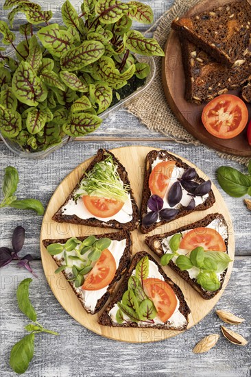Grain rye bread sandwiches with cream cheese, tomatoes and sorrel microgreen on gray wooden