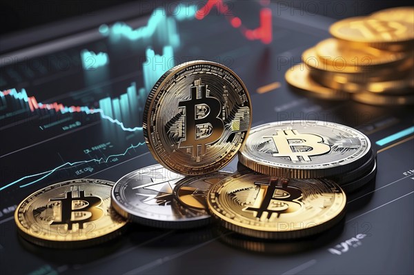 A stack of bitcoins with a B on top. The coins are gold and silver. The coins are on a table with a