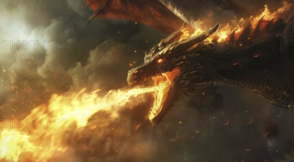 Flying dragon is spewing fire from its mouth, AI generated